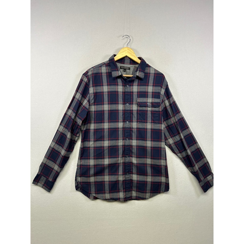 Banana Republic Plaid Flannel Mens L Navy Blue Luxe Flannel Slim Fit Shirt